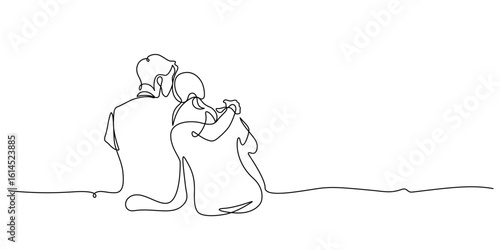 woman leaning on man shoulder one line continuous rear view. couple day out vacation romantic love concept handdrawn minimalism copy space