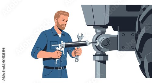 Mechanic working on heavy machinery. Worker uses grease gun and wrench to maintain vehicle components. Vector illustration.