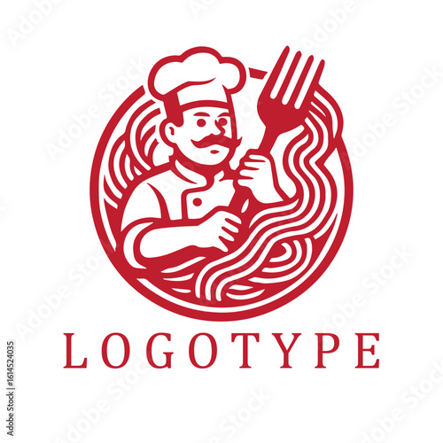 Energetic mascot of a noodle chef with a fierce martial arts pose—brandishing a giant fork like a silat weapon, framed in bold lines and dynamic movement.