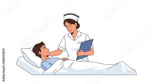 Healthcare professional with patient illustration. Nurse attends to a bedridden patient holding a clipboard. Vector illustration.