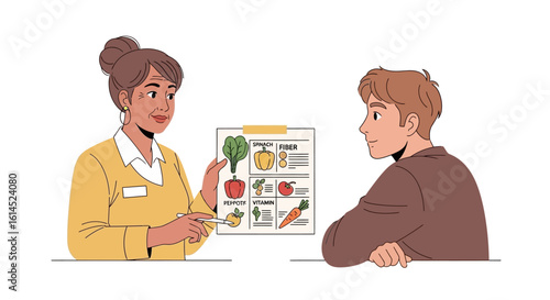 Nutrition consultation illustration. Professional dietitian presenting a healthy diet chart with food recommendations to a patient. Vector illustration.