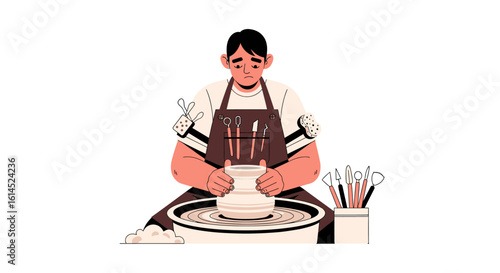 Pottery craftsmanship illustration. Person shaping clay on a pottery wheel surrounded by ceramic tools and brushes. Vector illustration.