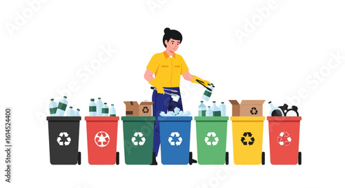 Recycling and waste management set. Worker sorting recyclables into colorful bins for plastic, paper, glass, and metal. Vector illustration.