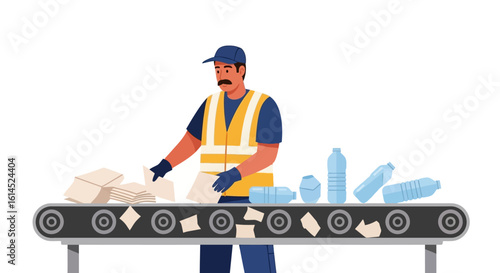 Recycling worker sorting trash on conveyor belt. Worker inspects paper and plastic materials in waste management facility. Vector illustration.