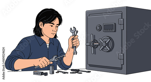 Safe cracking concept. Person using tools to open a secure vault for repair or locksmith purposes. Vector illustration.