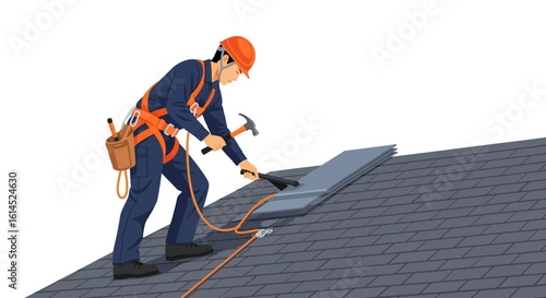 Roofing professional at work. Worker installing shingles on rooftop using safety harness and tools. Vector illustration.