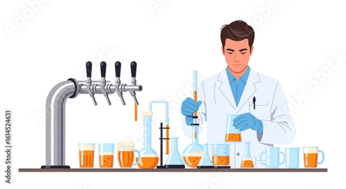 Scientific brewing concept. Chemist experimenting with liquids using laboratory glassware and beer taps. Vector illustration.