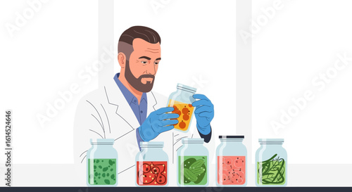 Food preservation concept. Scientist examining jars with vegetables in a laboratory environment. Vector illustration.
