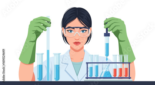 Laboratory research illustration. Scientist working with test tubes and chemical experiments wearing protective gloves. Vector illustration.