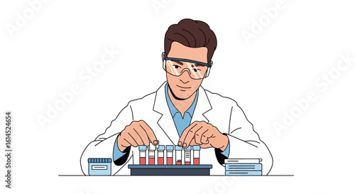 Scientist with test tubes. Laboratory research concept featuring a scientist in a lab coat analyzing chemical samples for experiments. Vector illustration.