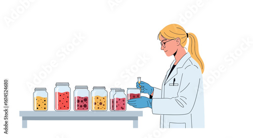 Laboratory research concept. Scientist analyzing substances in jars wearing gloves and lab coat. Vector illustration.