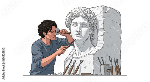Sculptor at work. Artist carving a marble bust using chisels and hammer with tools arranged nearby. Vector illustration.