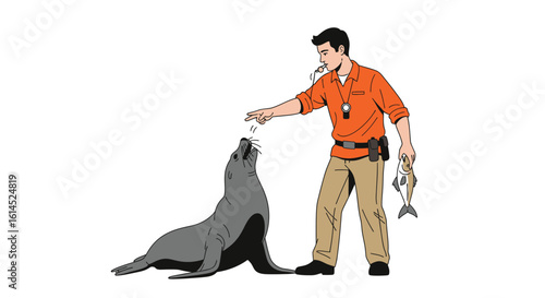 Seal trainer illustration. Professional trainer interacting with a seal while holding a fish, showcasing animal care and training. Vector illustration.