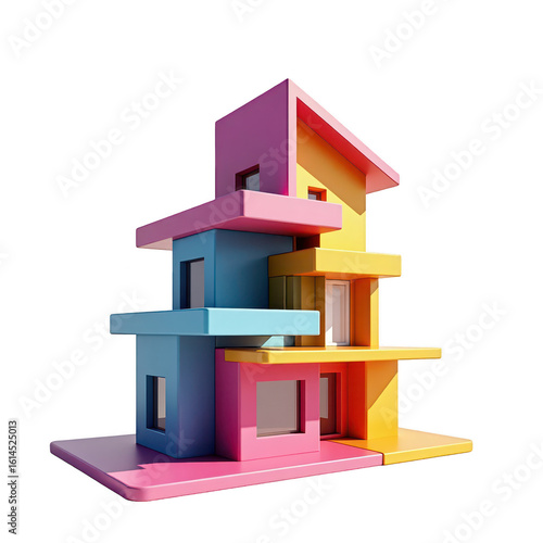 Colorful, modern house design with geometric shapes.
