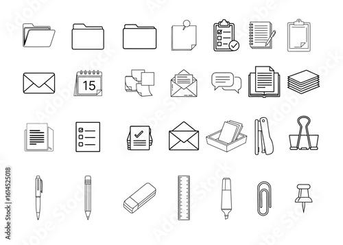 A comprehensive collection of outline vector icons features a variety of business aspects and office supplies, including documents, folders, emails, calendars, stationery, and general equipment. Suita