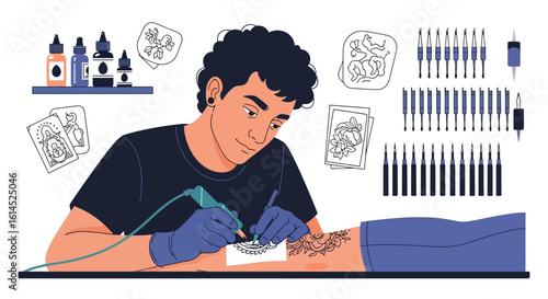 Tattoo artist illustration set. Professional tattooist creating body art with design sketches, ink bottles, and machine tools. Vector illustration.