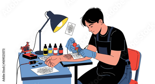 Tattoo artist illustration. Professional tattooist working at studio, applying ink design to client?s arm, surrounded by tools and equipment. Vector illustration.