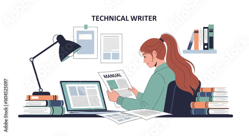Technical writer workstation. Female editor working with documents, writing and editing manuals, surrounded by books and digital tools. Vector illustration.