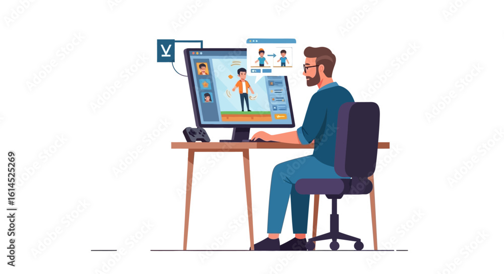 Virtual interview concept. Candidate evaluation via online video call on a computer by an HR professional. Vector illustration. Virtual interview concept. Candidate evaluation via online video call on a computer by an HR professional. Vector illustration.