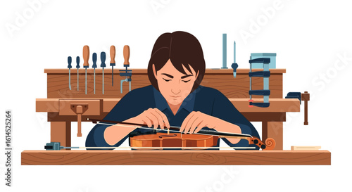Violin making workshop scene. Craftsman working on violin repair and assembly with woodworking tools in the background. Vector illustration.