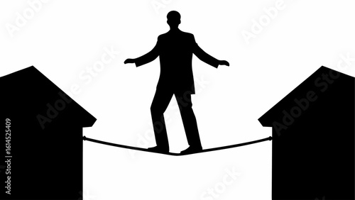 Silhouette of a man in a suit walking on a tightrope between two buildings against a white background scene