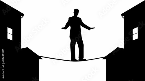 Silhouette of a man in a suit balancing on a tightrope between two buildings with windows in black and white