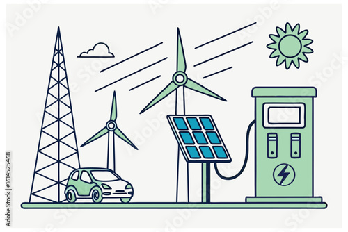 Clean Energy Concept Illustration – Solar Panel, Wind Turbine, Electric Car, Charging Station, Power Lines