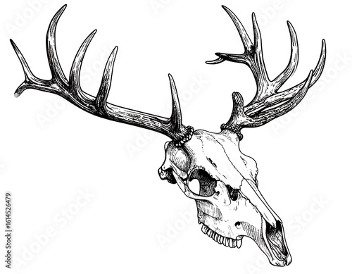 Detailed black and white illustration of a deer skull and antlers