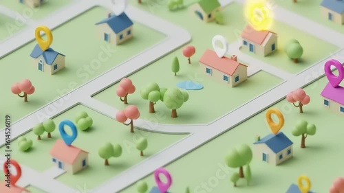 Toy town neighborhood with colorful location markers, A cute 3D rendering of houses, trees, and roads showing neighborhood mapping