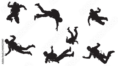 Skydiving Silhouettes Vector , black silhouettes isolated on white background