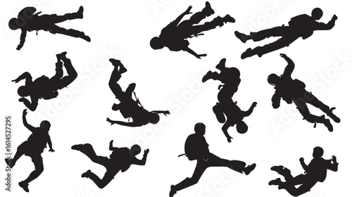 Skydiving Silhouettes Vector , black silhouettes isolated on white background