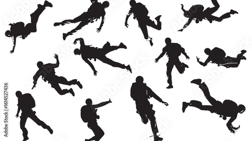 Skydiving Silhouettes Vector , black silhouettes isolated on white background