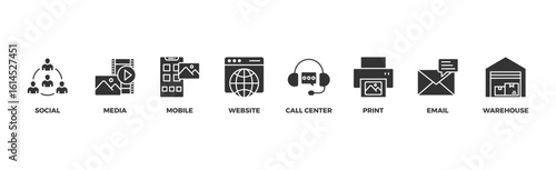 Omnichannel banner web icon vector illustration concept with icon of social, media, mobile, website, call center, print, email, and warehouse