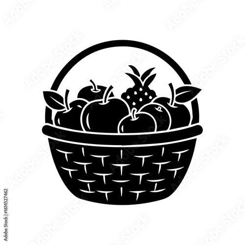 A black and white illustration of a woven basket filled with various fruits.