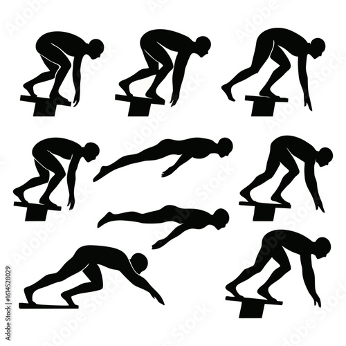 Silhouetted figures demonstrate the phases of a swimmer's dive from the starting block.