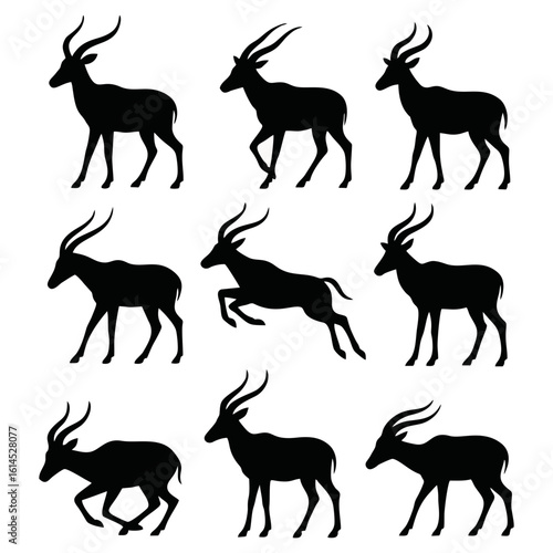 A collection of nine antelope silhouettes in various poses, including standing, walking, and leaping.