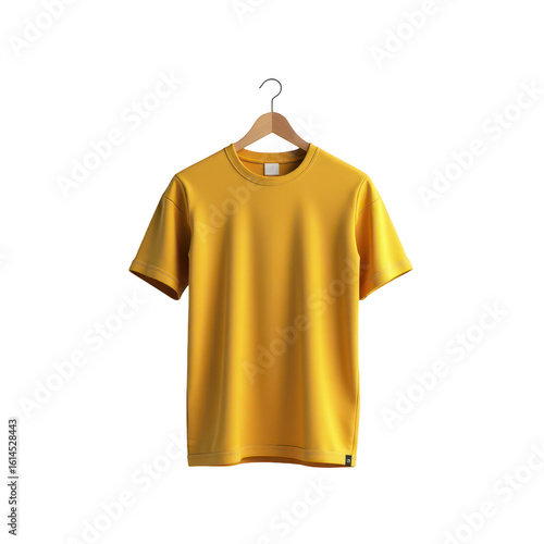 A mustard yellow t-shirt hangs on a wooden hanger.