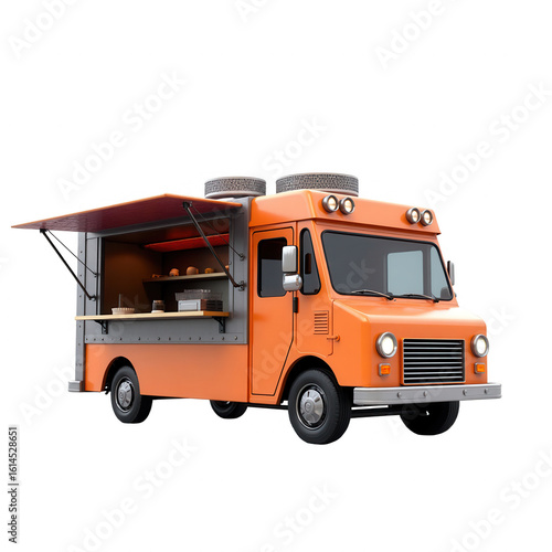 Orange food truck with a gray awning.