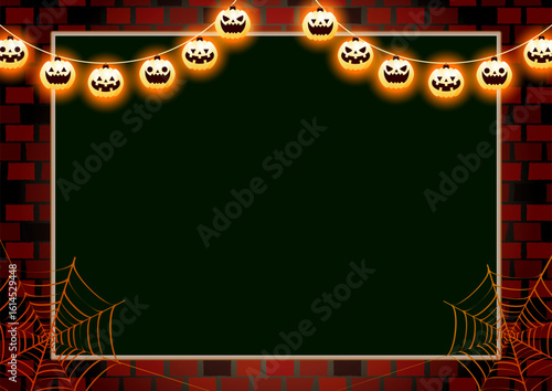 ハロウィン背景、煉瓦、ちょうちん、横、イラスト、かわいい、黒板