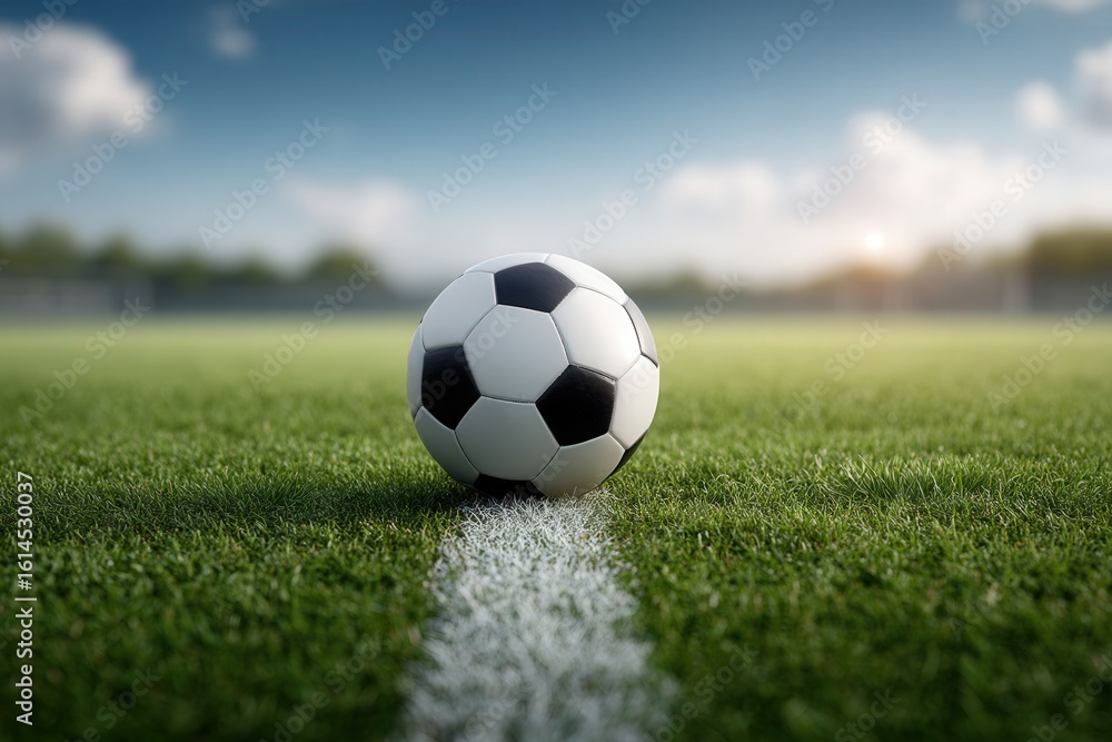Soccer ball placed on a white line inside a soccer field Soccer ball placed on a white line inside a soccer field