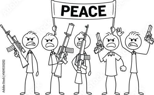Peace protest with guns angry stick figures cartoon drawing vector illustration
