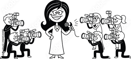 Cartoon celebrity at press conference with paparazzi and cameras taking photos vector