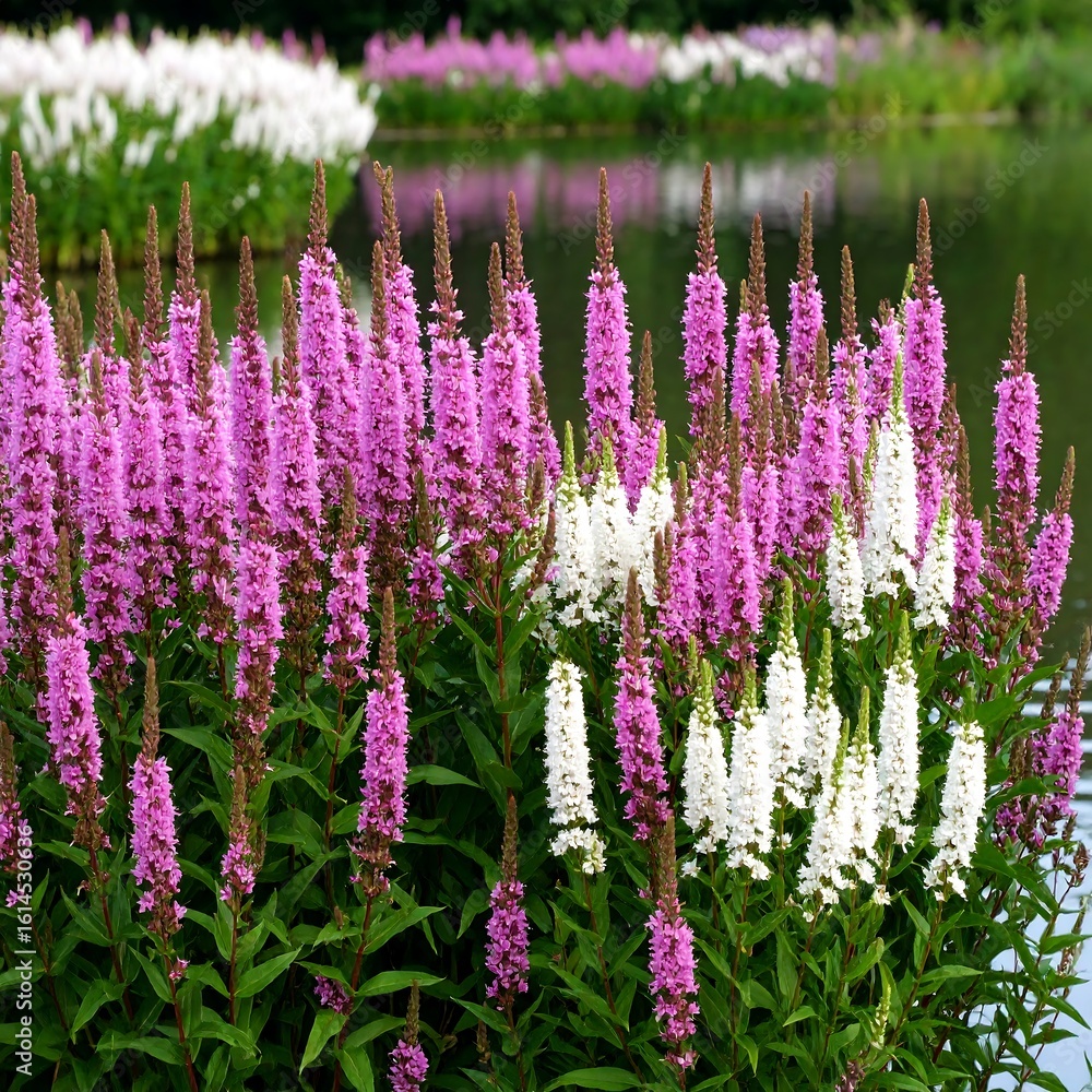 Obraz premium Vibrant pink and white flowers by water