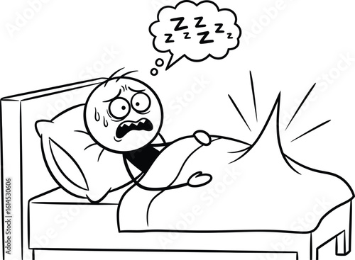 Cartoon stick figure wakes up scared by loud noise from bed in insomnia illustration