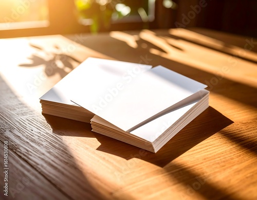 Sunlit wooden table displays stacks of blank white cards