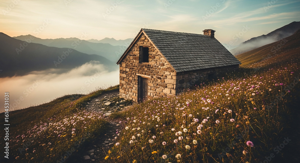 Fototapeta premium Remote Stone Cabin on Mountain Slope with Wildflowers and Misty Valley View