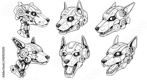 Futuristic robot dog heads in various poses, perfect for sci-fi illustrations and designs