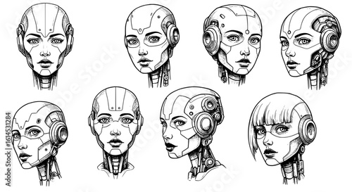 Futuristic female cyborg portraits in various angles, modern technology and sci-fi concept