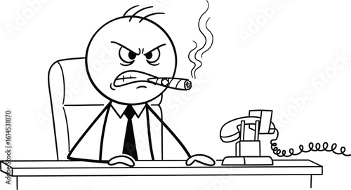 Angry boss cartoon vector illustration with cigar and phone on the office desk line art
