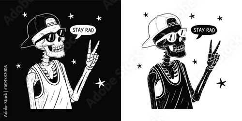 Cool skeleton with cap sunglasses and peace sign saying Stay Rad in urban comic style for t shirt design and street fashion illustration